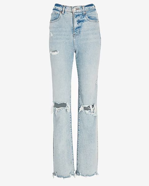 Super High Waisted Ripped Raw Hem Modern Straight Jeans | Express