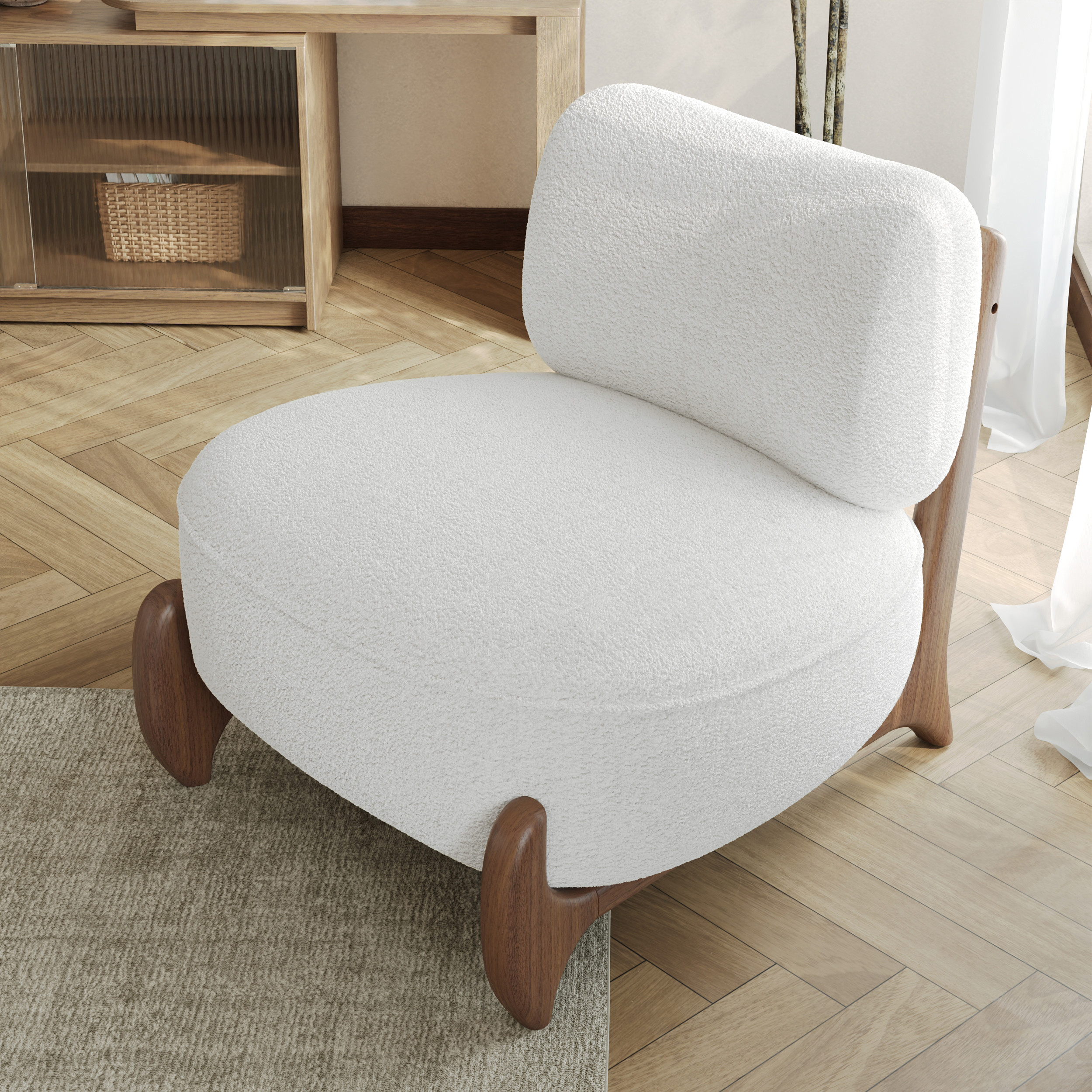 Mid Century Modern Boucle White Armless Accent Chair with Ash Wood Leg | Homary