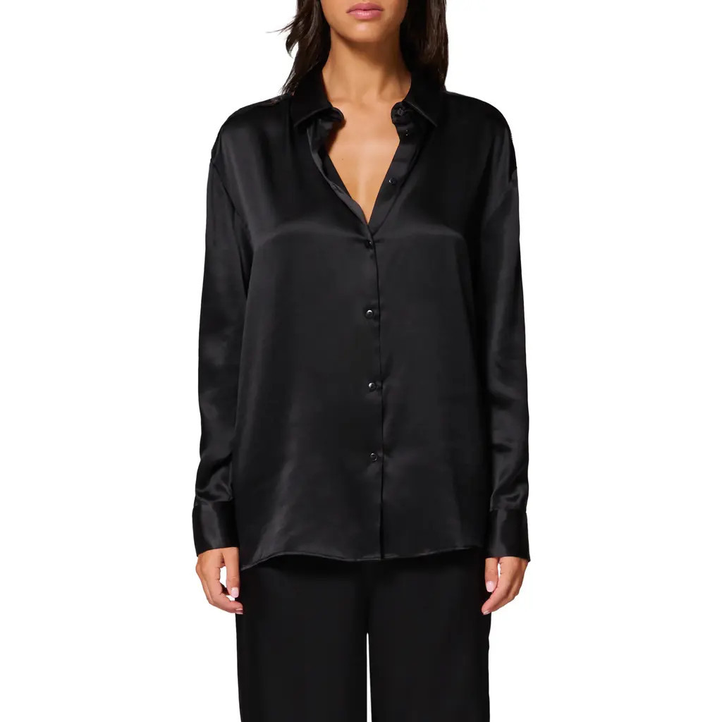 Simone Perele Love Me Silk Blend Button-Up Shirt in Black at Nordstrom, Size X-Large | Nordstrom