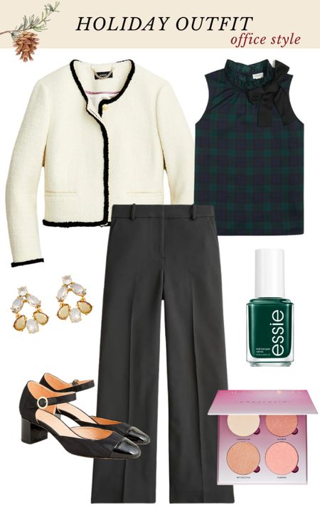 Feel chic at this office holiday party with this ensemble. A lady like jacket and tartan bow neck blouse pair with classic wide leg trousers. Ankle strap heels, makeup highlighter and trendy green nail polish complete the look. 

#LTKHoliday #LTKstyletip #LTKSeasonal