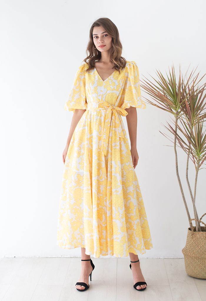 Divine Flower Vine Printed V-Neck Maxi Dress in Yellow | Chicwish