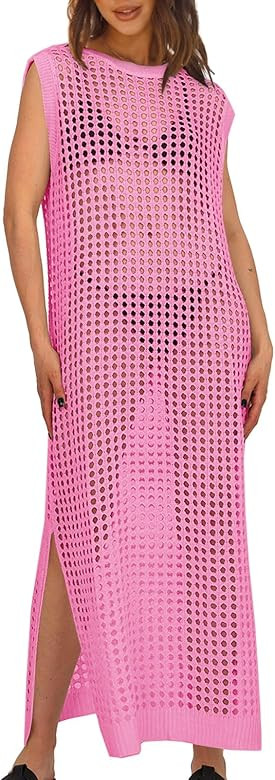 Saodimallsu Womens Crochet Swimsuit Coverup Summer Sleeveless Hollow Out Knit Crewneck Side Split... | Amazon (US)