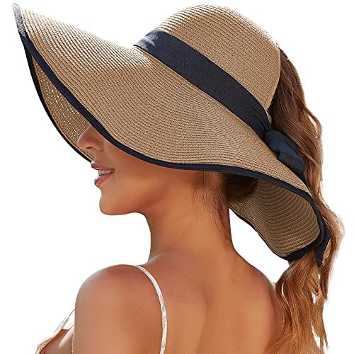 Sun Beach Hats for Women with Ponytail Hole Straw Summer Floppy Wide Brim Packable Sunhat Foldable Sun Protection Khaki | Amazon (US)