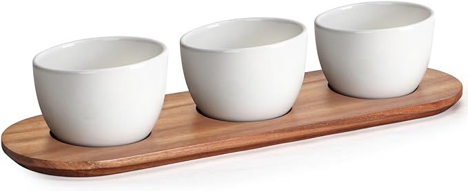 Chip and Dip Serving Set with Acacia Wooden Tray, 12oz White Glazed Ceramic Dipping Bowls, Servin... | Amazon (US)