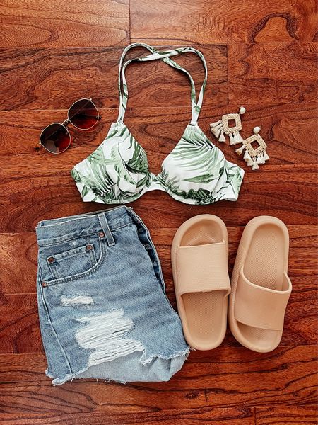 Beach outfit! 🌴 Palm print bikini paired with denim cutoff shorts and cloud slides. Swim top comes in bra sizes and is TTS. Sized up one size in the shorts  

#LTKstyletip #LTKSeasonal #LTKswim