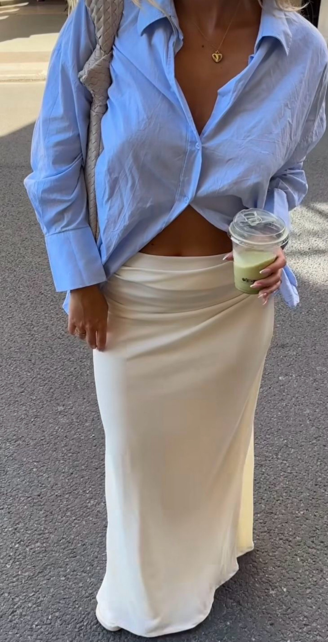 2024 spring outfit inspo | Champagne maxi skirt with light blue linen button down  