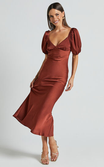Catiana Midi Dress - V Neck Short Puff Sleeve Slip Dress in Chocolate | Showpo (US, UK & Europe)
