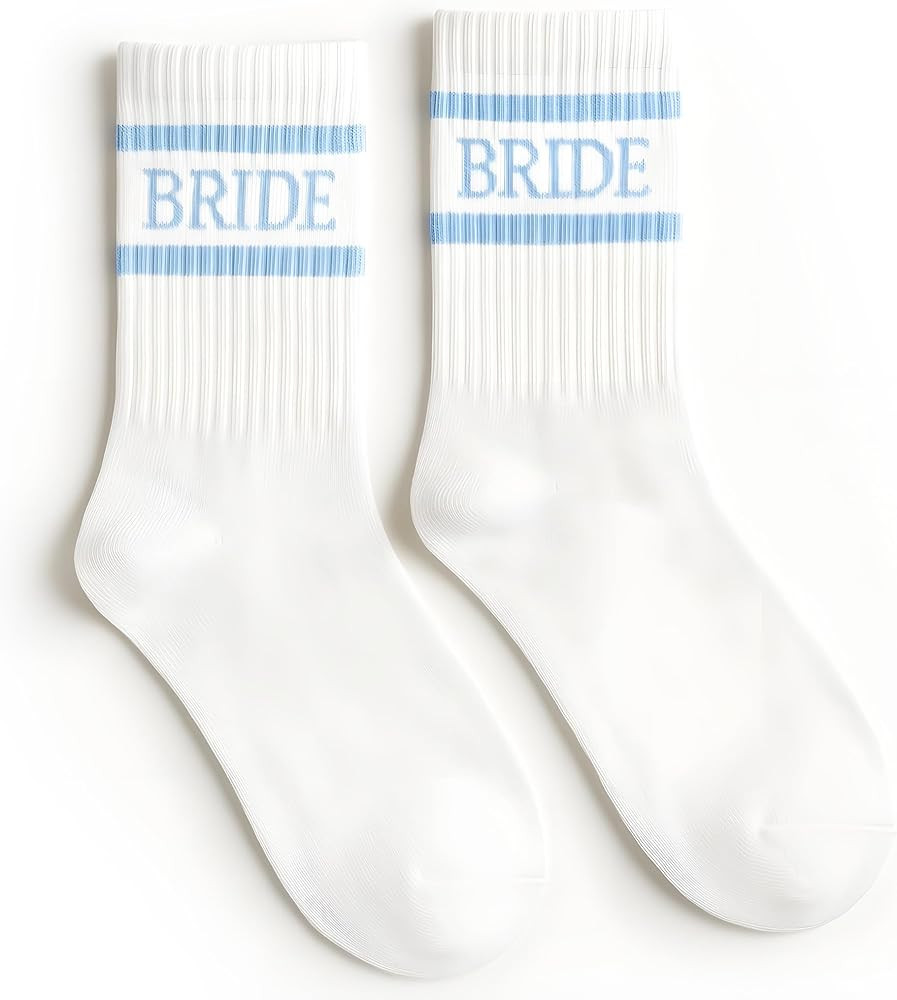 xo, Fetti Bride Socks, White + Blue | Bride To Be Something Blue Gift, Bachelorette Decorations, ... | Amazon (US)