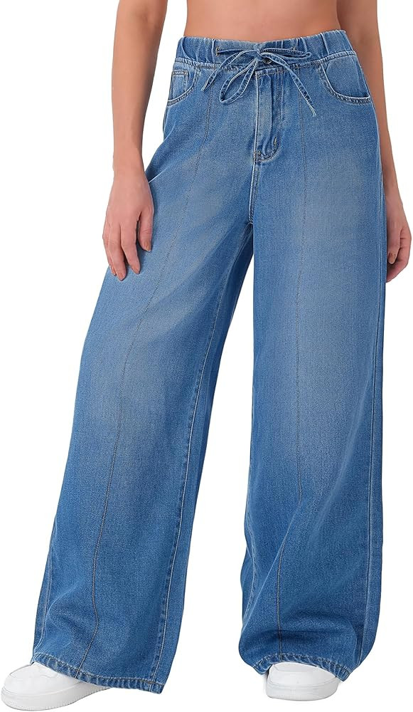 roswear Pantalones de mezclilla para mujer, ajuste holgado, cintura elástica, costura frontal, p... | Amazon (US)