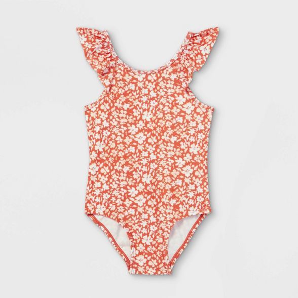 Toddler Girls' Floral Ruffle Sleeve One Piece Swimsuit - Cat & Jack™ Rust | Target