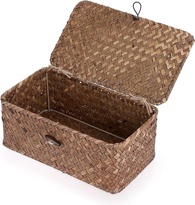 Hipiwe Wicker Shelf Baskets Bin with Lid, Handwoven Seagrass Basket Storage Bins Rectangular Hous... | Amazon (US)