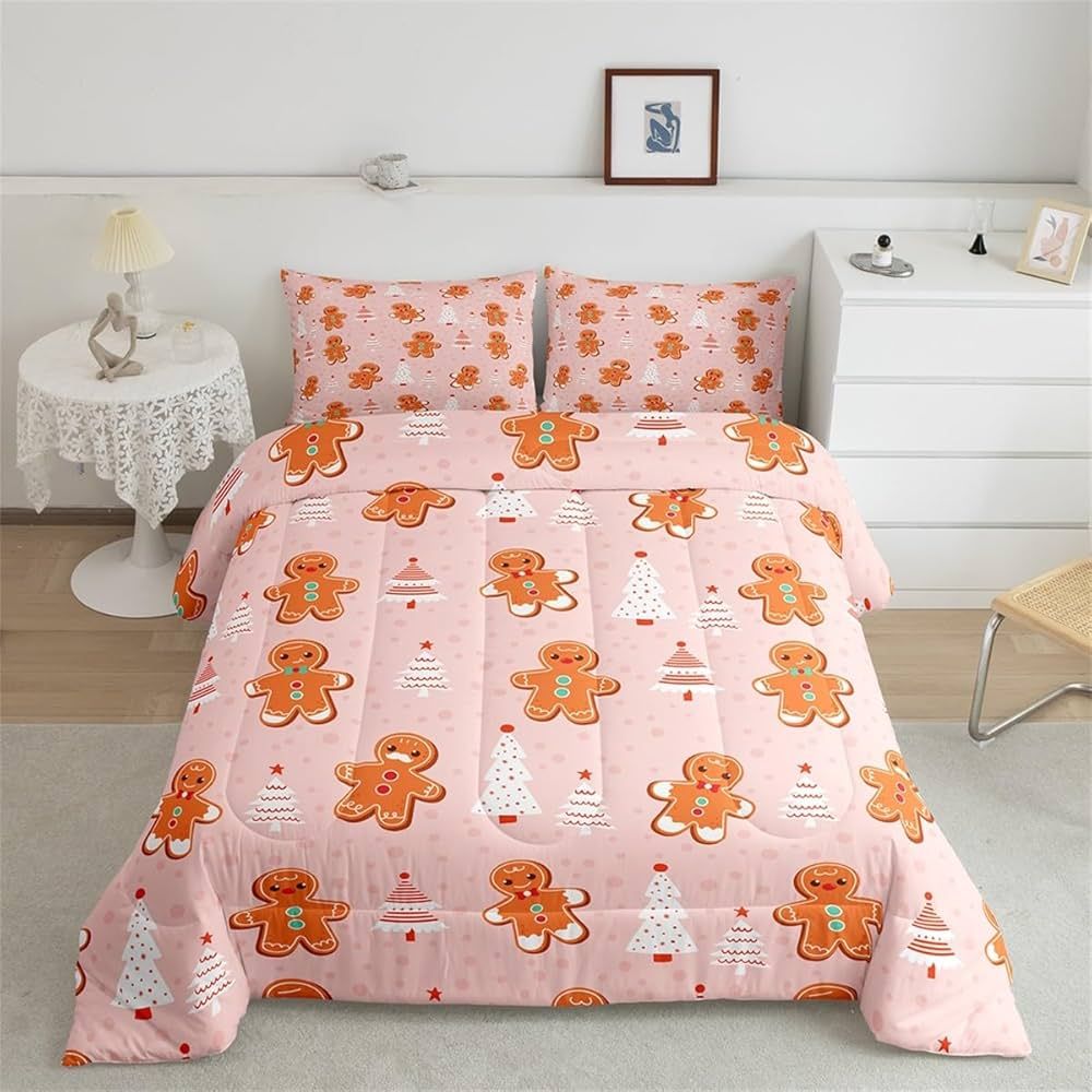 Cute Christmas Comforter Set for Kids Boys Girls Gingerbread Man Snowman Comforter Pink Xmas Tree... | Amazon (US)
