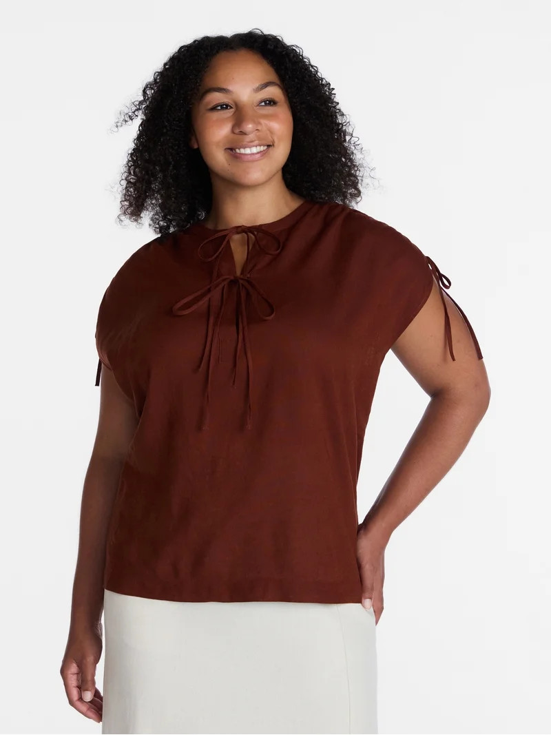 Time and Tru Women\u2019s Linen-Blend Tunic Top with Ruched Sleeves, Sizes XS-XXXL | Walmart (US)