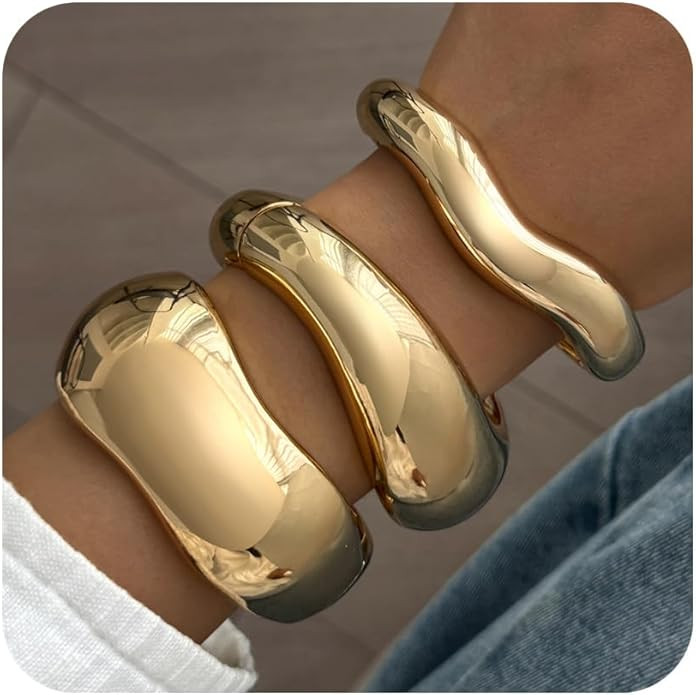 Chunky Gold Bangle Bracelets for Women Trendy Silver Irregular Statement Cuff Bracelets Stack Wid... | Amazon (US)