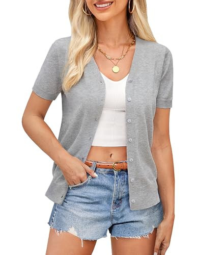 Women's Casual Lightweight Open Front Cardigans Soft Basic Short Sleeve Cardigan Jackets(Light Gray Short Sleeve,L) | Amazon (US)