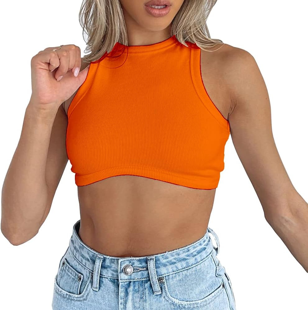 Abardsion Women's Crew Neck Racerback Knit Ribbed Basic Sleeveless Crop Tank Tops | Amazon (US)