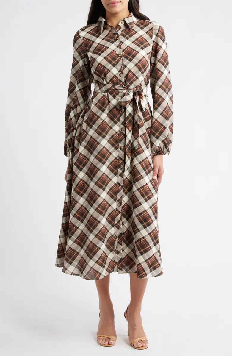 Plaid Tie Waist Long Sleeve Midi Dress | Nordstrom
