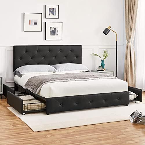 Yaheetech Queen Faux Leather Platform Bed Frame with Adjustable Headboard and 4 Drawers, Upholstered | Amazon (US)