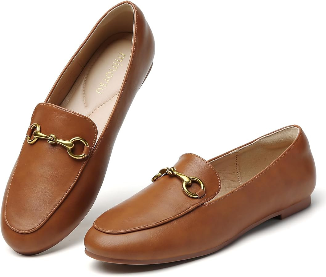 Minorsu Buckle Loafers for Women Slip On Round Toe Dress Flats Business Casual Work Driving Shoes | Amazon (US)