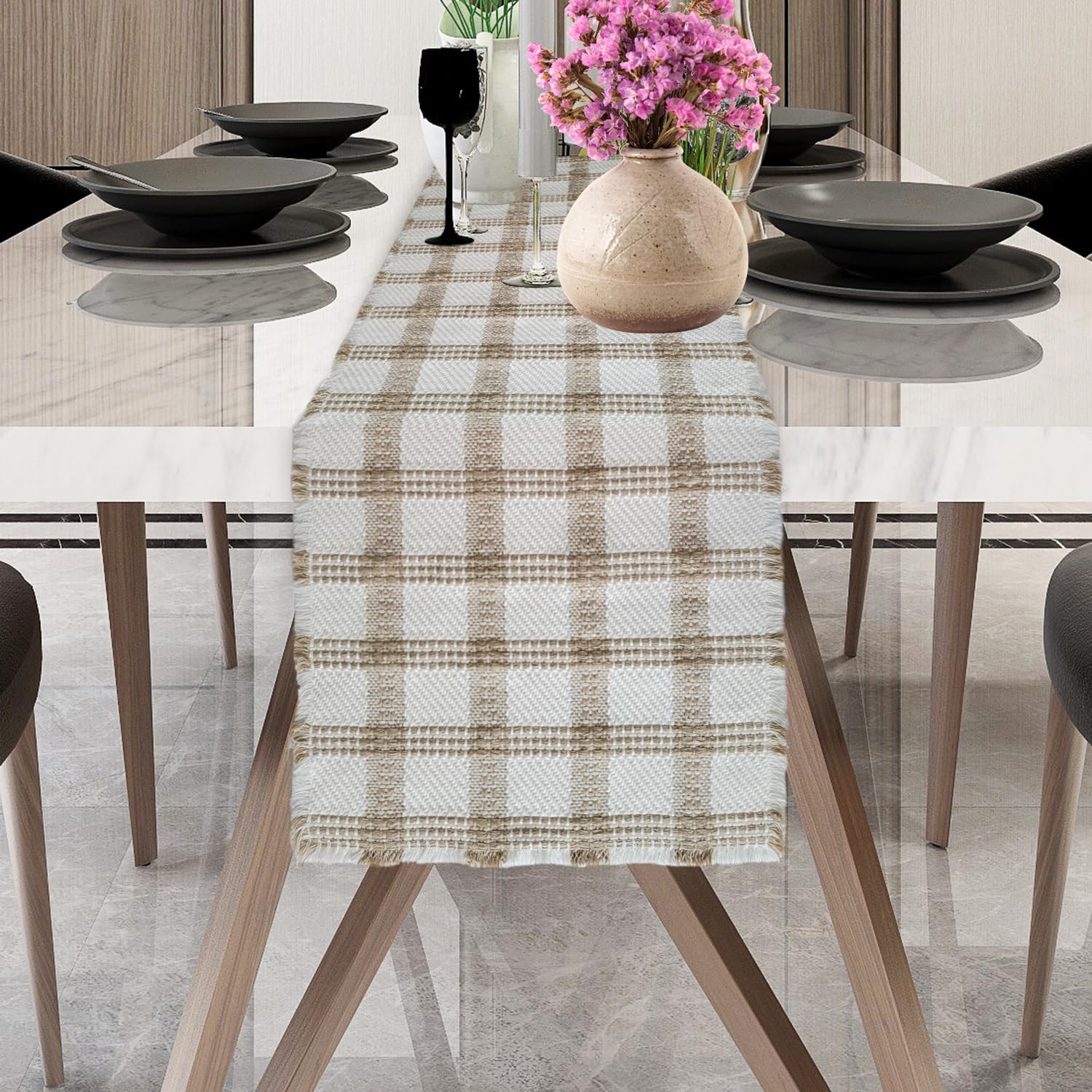 Tilly Table Runner 16 x 80 Inches - Natural, Woven Jacquard with Fringe Runners - Farmhouse Boho ... | Amazon (US)
