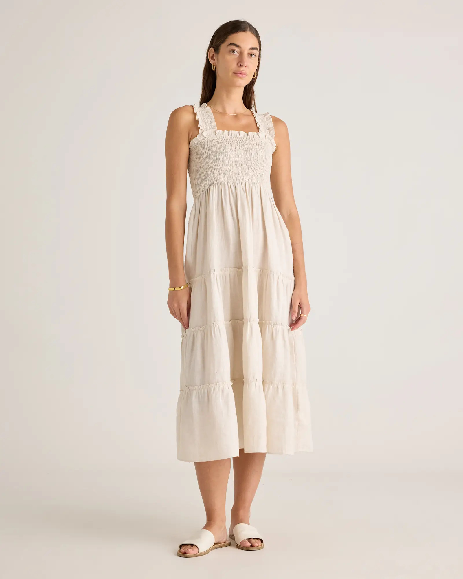 100% European Linen Smocked Midi Dress in Flax | Quince