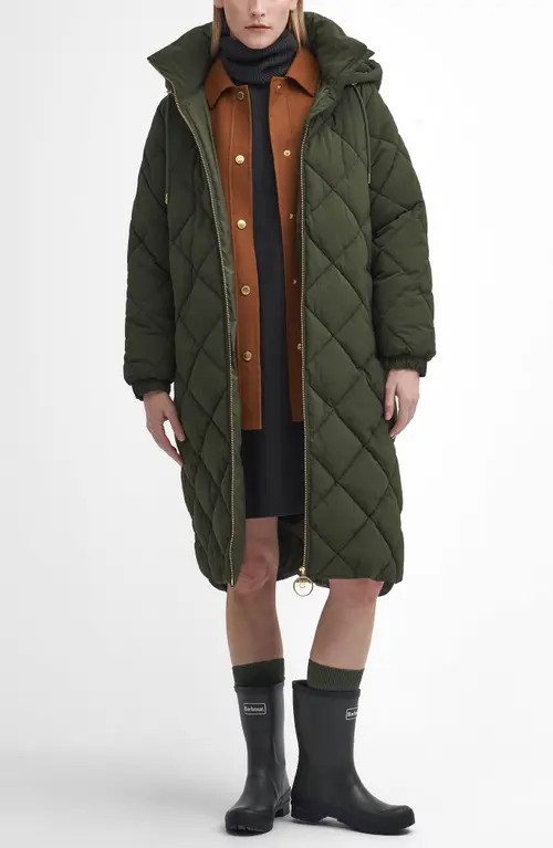 Barbour Kirkton Longline Puffer Coat in Olive/Ancient at Nordstrom, Size 4 Us | Nordstrom