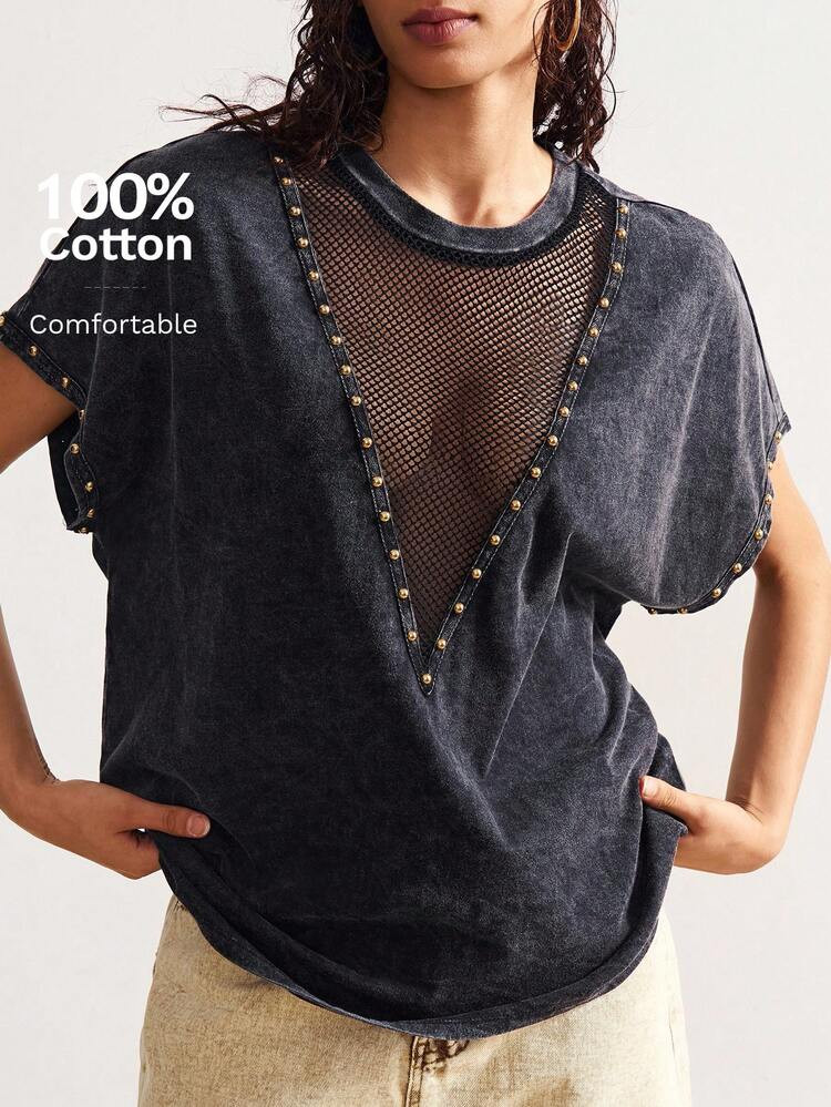 Loose fit patch mesh t-shirt | SHEIN