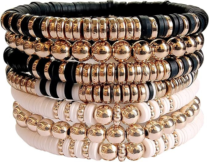 Surfer Heishi Clay Bead Bracelets for Women Stackable Evil Eye Vinyl Disc Beaded Stretch Bracelet... | Amazon (US)