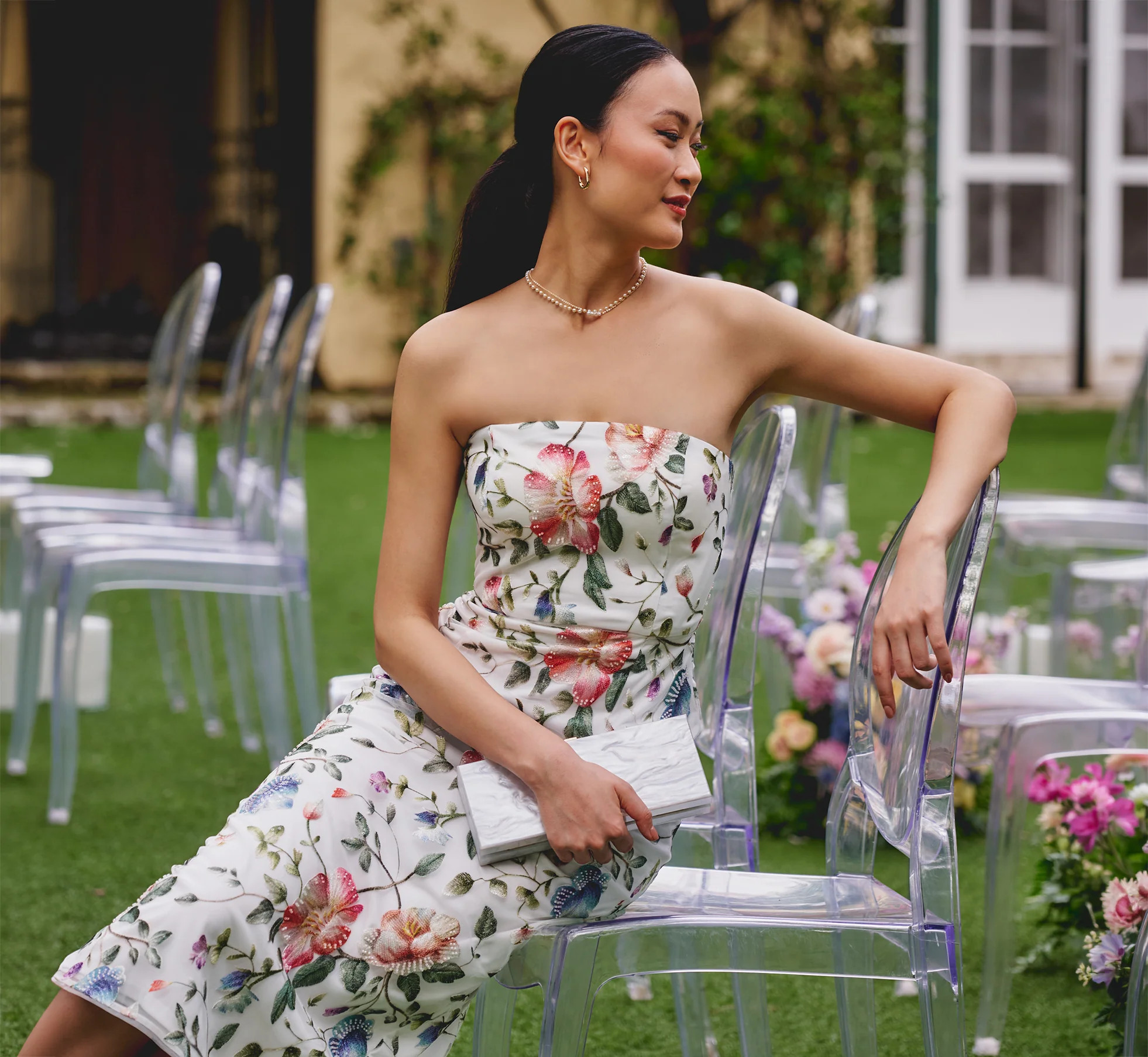 Strapless Floral Beaded Embroidery Midi Dress In Ivory Multi | Adrianna Papell