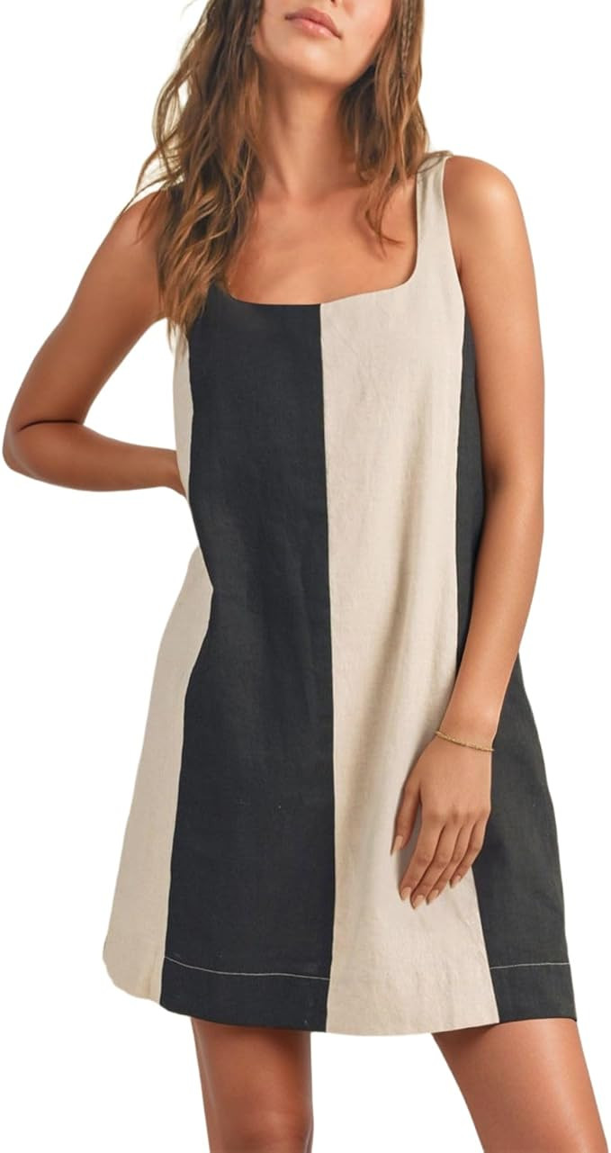 CHARTOU Women Summer Sleeveless Linen Dress Color Block Short Beach Vacation Tank Dress | Amazon (US)