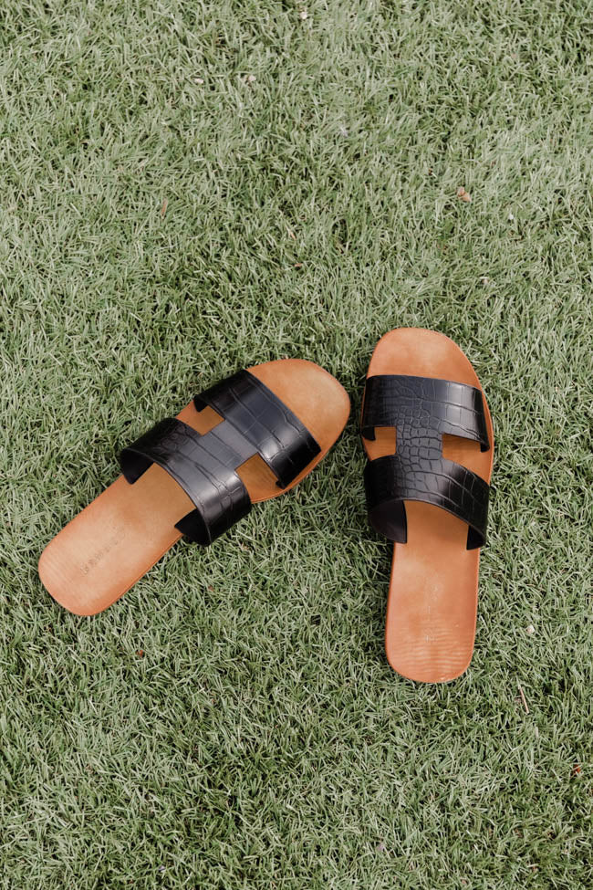 Iris Black Cutout Crocodile Sandals | Pink Lily