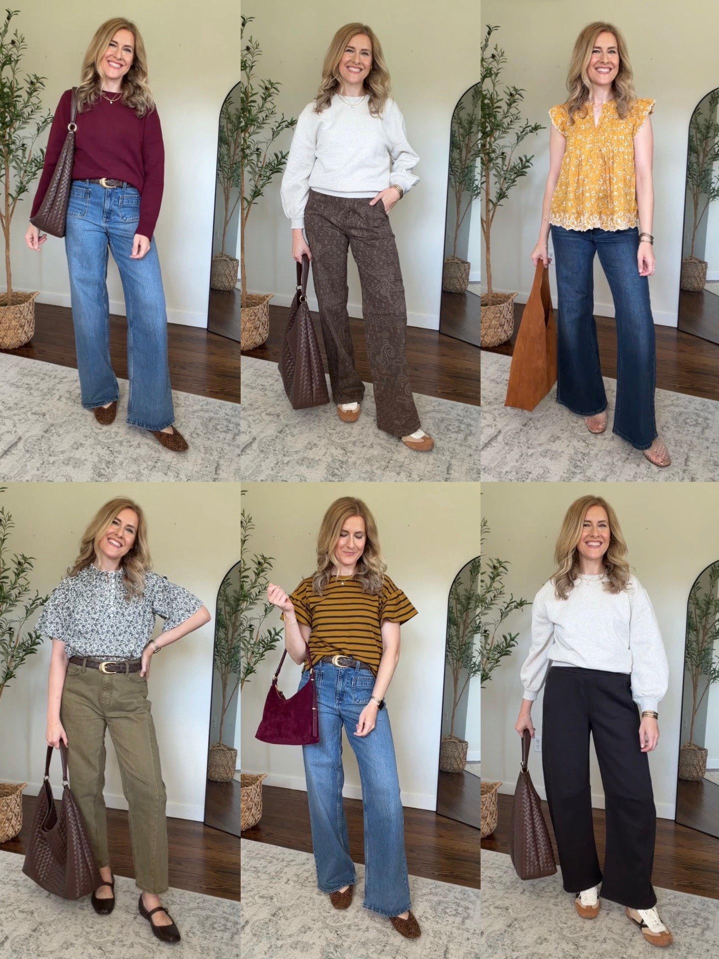Walmart fall outfits! Wearable and affordable. I’m between a small and medium and did the medium in the red sweater, the sweatshirt and the yellow blouse. I stayed with small in the cotton floral short sleeve tops and the yellow stripe ruffle sleeve tee. Size small barrel joggers, size small bandana print cargo pants, tts 6 in the jeans. #walmartfashion

#LTKOver40 #LTKootd #LTKmomlife