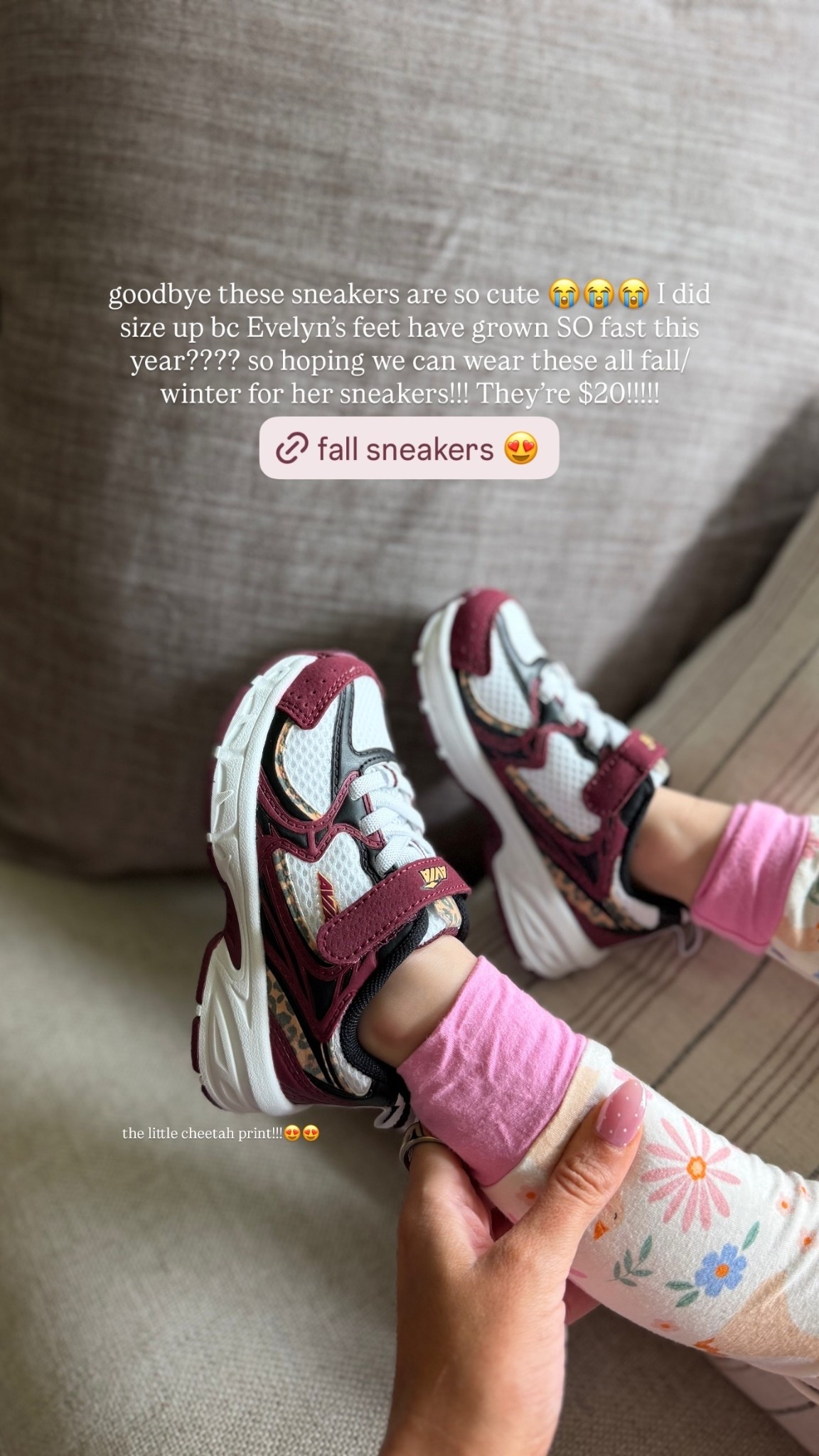 goodbye these sneakers are so cute 😭😭😭 I did size up bc Evelyn’s feet have grown SO fast this year???? so hoping we can wear these all fall/winter for her sneakers!!! They’re $20!!!!! @walmart @shopmy  the little cheetah print!!!😍😍