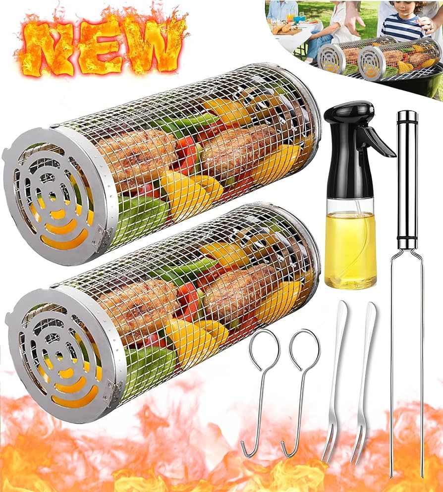 Rolling Grilling Baskets for Outdoor Grill Bbq Net Tube Stainless Steel Large Round Mesh Rotation... | Amazon (US)