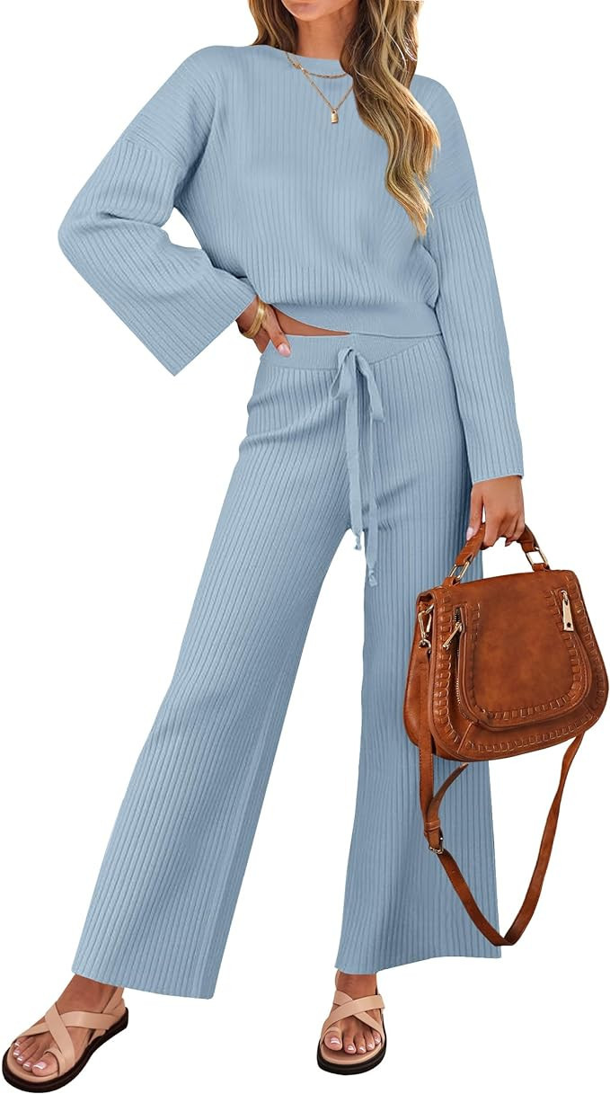ZESICA Women's 2 Piece Outfits Set 2024 Casual Long Sleeve Knit Pullover Top and Wide Leg Pants S... | Amazon (US)