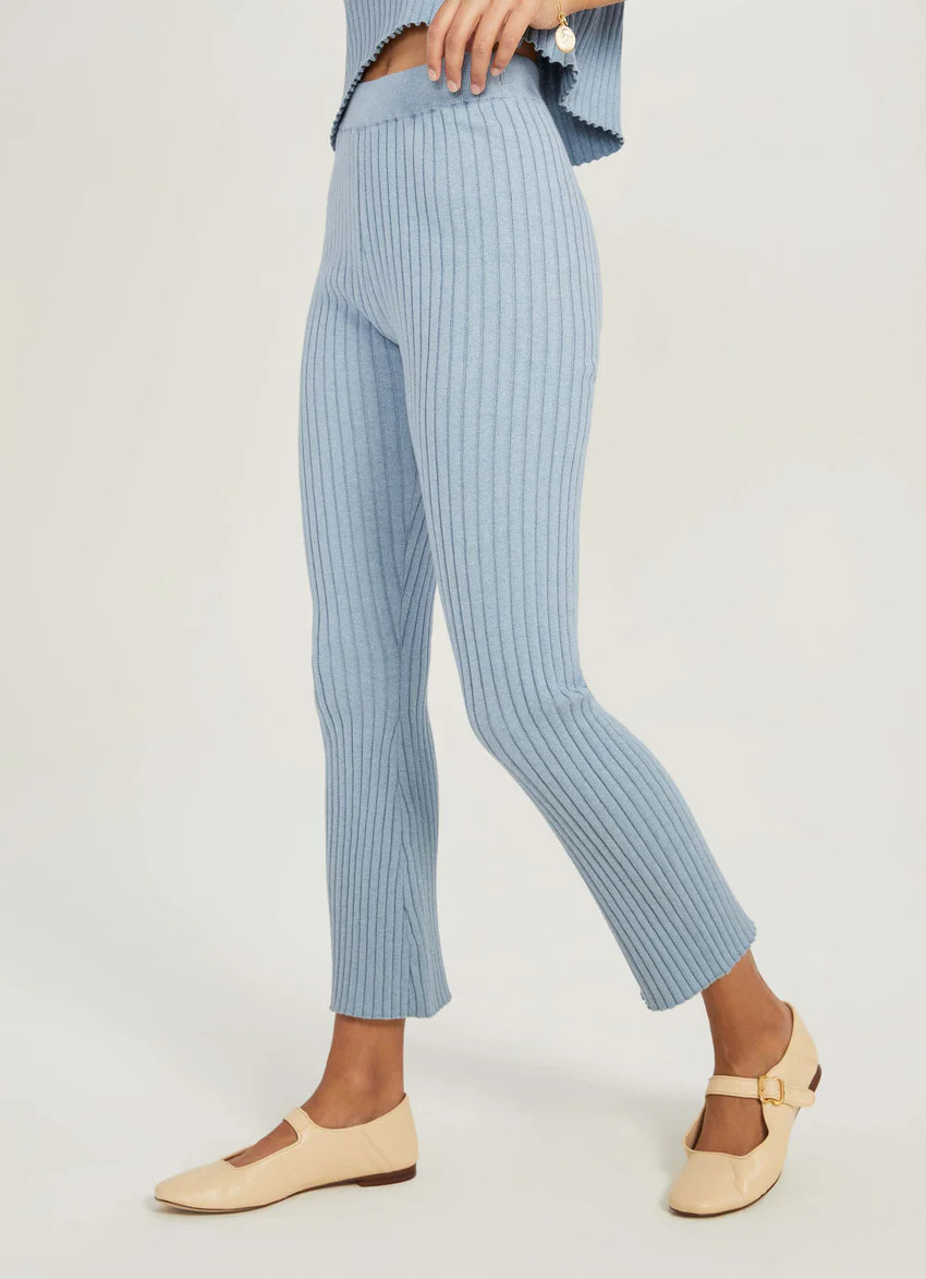 Ribbed Wide Leg Pants With Slits Slate Blue | Something Navy | Something Navy
