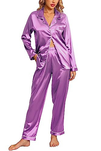 Anjue Womens Silk Satin Pajamas Button Up Pj Set for Women Casual Wear Long Sleeve Comfy Nightwear Pjs Set(Lavender,L) | Amazon (US)