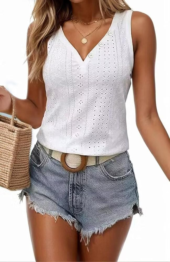 Button Embroidered Eyelet Tank Top Women Summer Tops Casual Country V Neck Tee Shirts Sleeveless ... | Amazon (US)