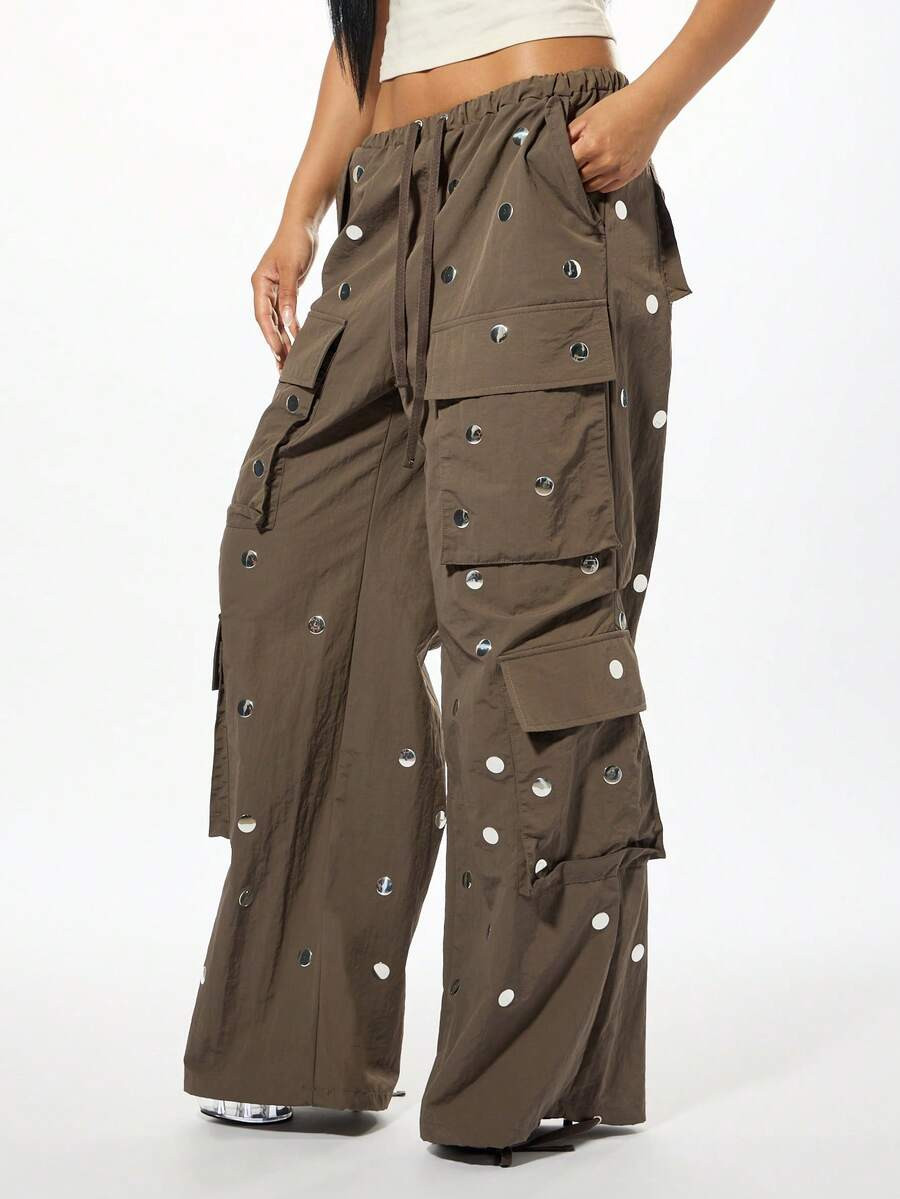 SUMWON WOMEN Oversized Studded Cargo Parachute Wide Leg Trousers With Multiple Pockets And Drawst... | SHEIN