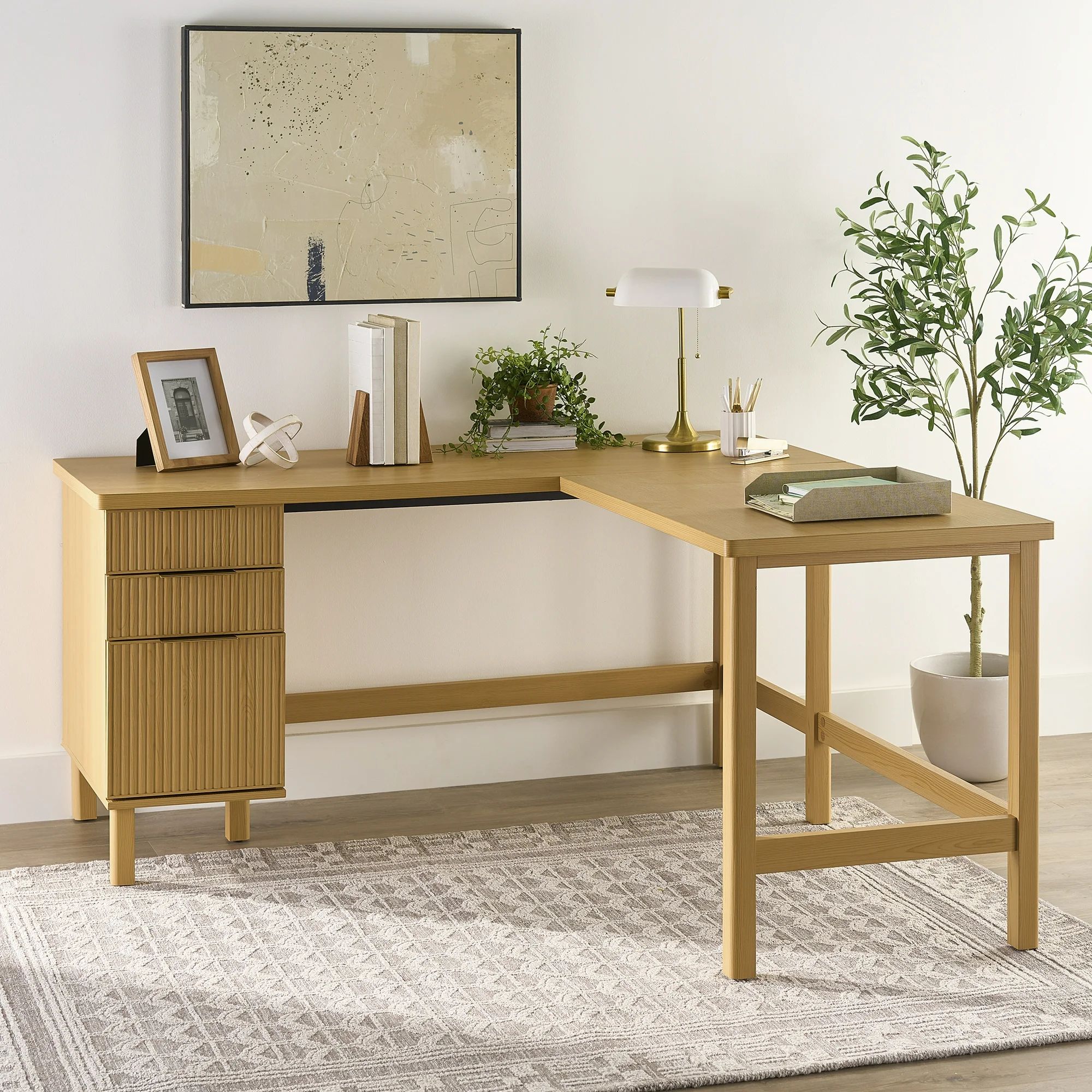 Better Homes & Gardens Lillian Fluted L-Shape Desk, Natural Pine Finish | Walmart (US)