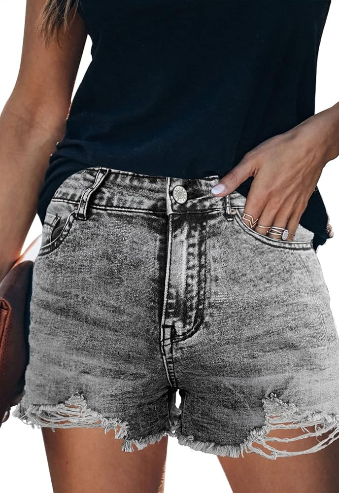Metietila Women's Casual High Waisted Denim Shorts Frayed Raw Hem Stretch Ripped Jean Shorts | Amazon (US)