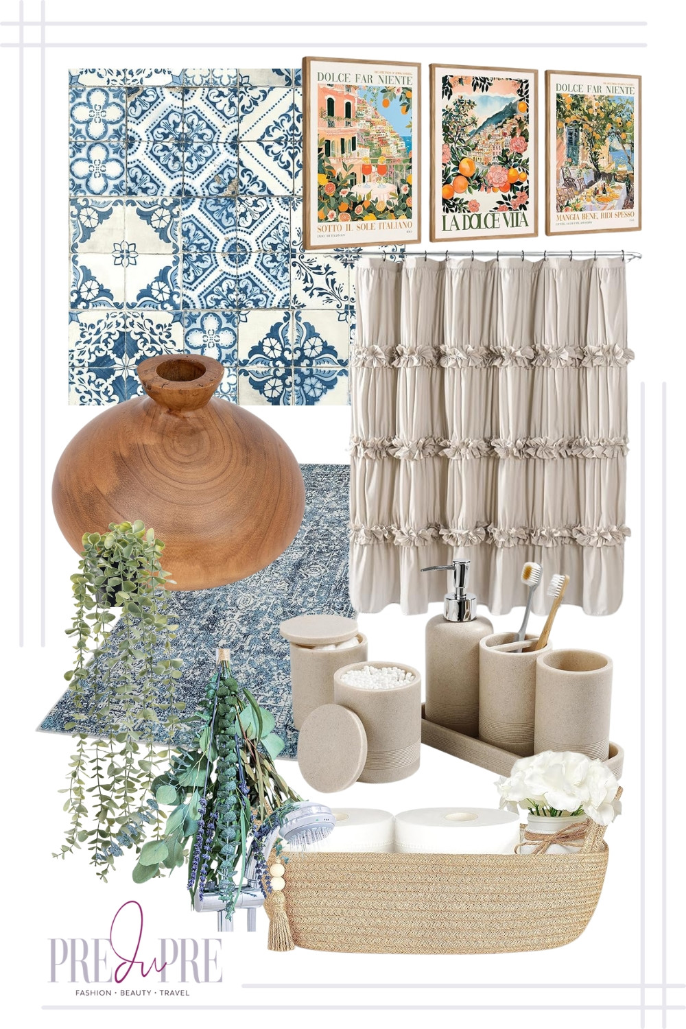 Transform your bathroom into a tranquil escape with this stunning Mediterranean-inspired design! This look celebrates intricate blue and white patterns, natural textures, and a refreshing ambiance. The focal point is the gorgeous patterned tile—perfect for a feature wall or backsplash—complemented by charming travel-inspired art prints. Ruffled shower curtains, wooden accents, and sophisticated bathroom essentials create a cohesive, spa-like feel. Shop these inspired elements to create your own beautiful Mediterranean bathroom oasis!

#mediterraneanbathroom #bathroomdecor #bluetiles #homedesign #bathroominspo #coastalstyle #spabathroom #homestyling #preduprehome #interiordecor 

 #LTKHome #LTKFindsUnder100 #LTKStyleTip