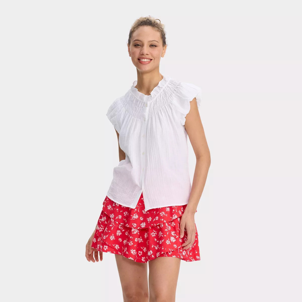 Women's Smocked Puff Short Sleeve Button-Front Blouse - Universal Thread™ | Target