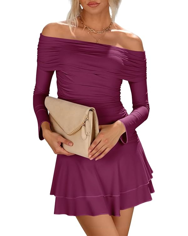 Cicy Bell Womens Off The Shoulder Mini Dresses Going Out Long Sleeve Ruched Bodycon Dress Ruffle ... | Amazon (US)