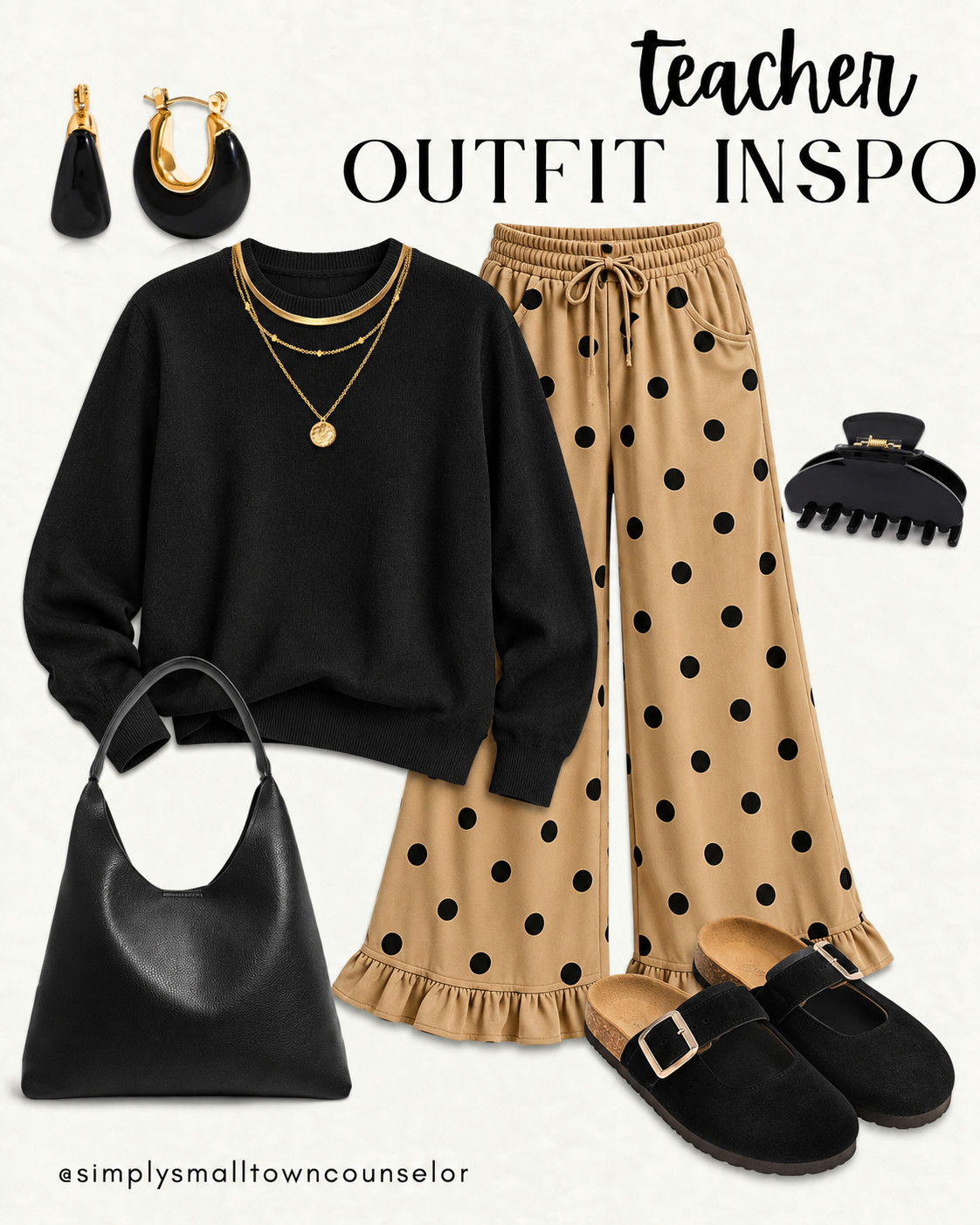 teacher outfit inspo 🖤 Polka dot pants with the cutest ruffle hem, a cozy black sweater & comfy clogs! A little fun for your classroom wardrobe. 🤎 

 #LTKWorkwear