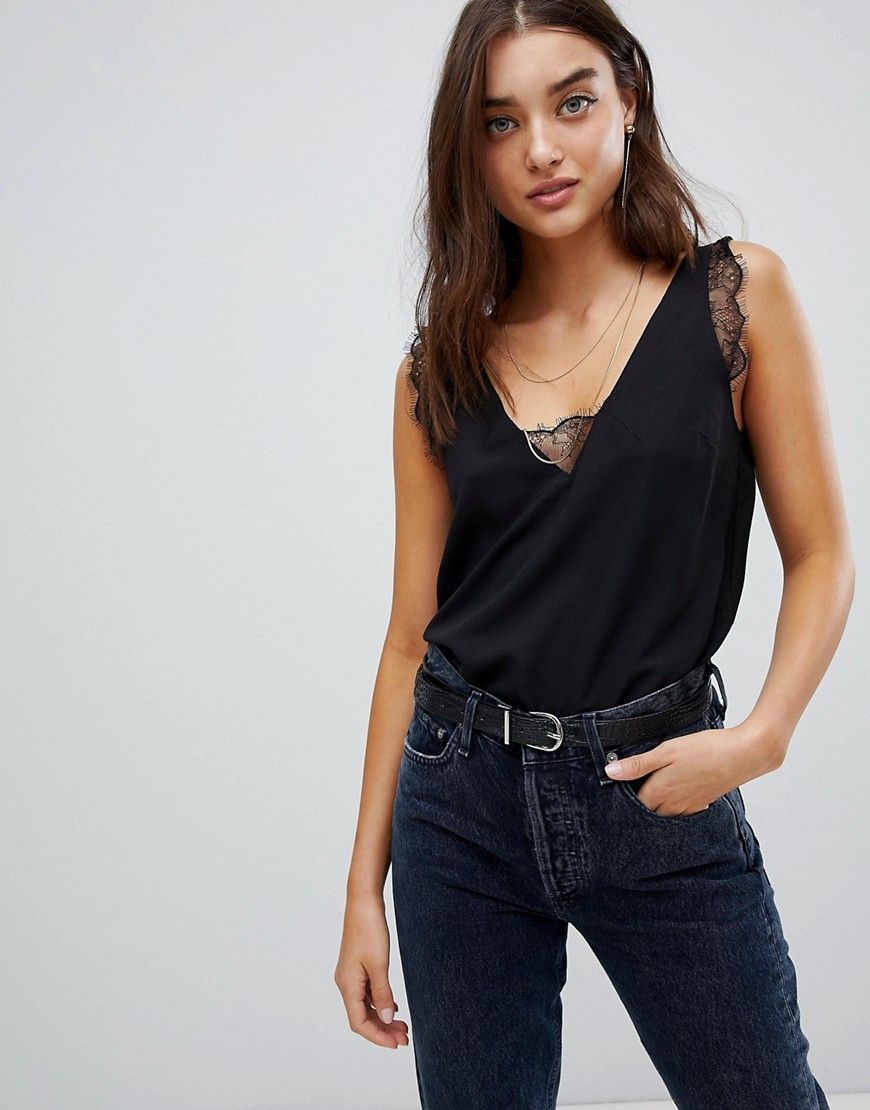 ASOS DESIGN deep plunge lace insert camisole tank - Black | ASOS US