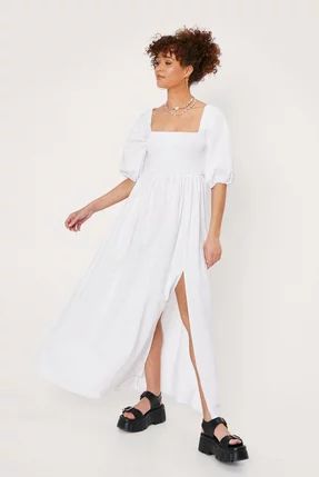 Shirred Puff Sleeve Maxi Slit Dress | Nasty Gal (US)