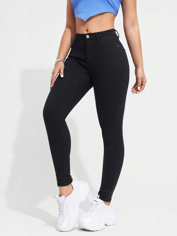 SHEIN Essnce Women's Front Button Pocket Slim Fit Casual Denim Jeans | SHEIN