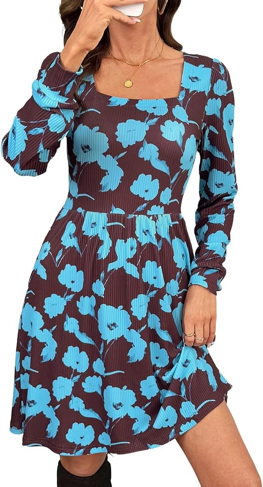 Dokotoo Women's Floral Ribbed Knit Square Neck Mini Dresses with Pockets | Amazon (US)
