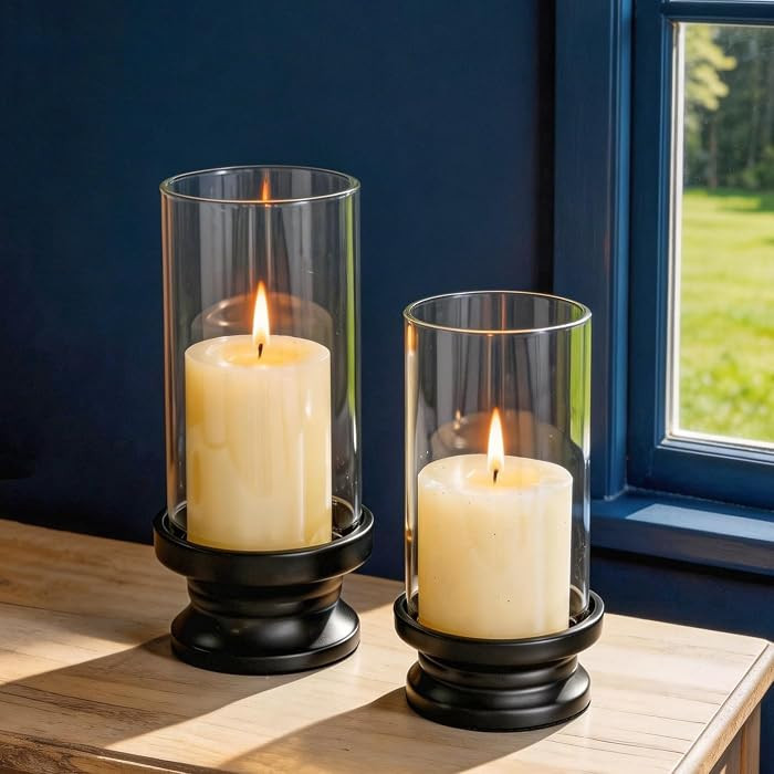 NUPTIO Hurricane Glass Candle Holder: Set of 2 Black Pillar Candle Holders with Glass Cylinder - ... | Amazon (US)